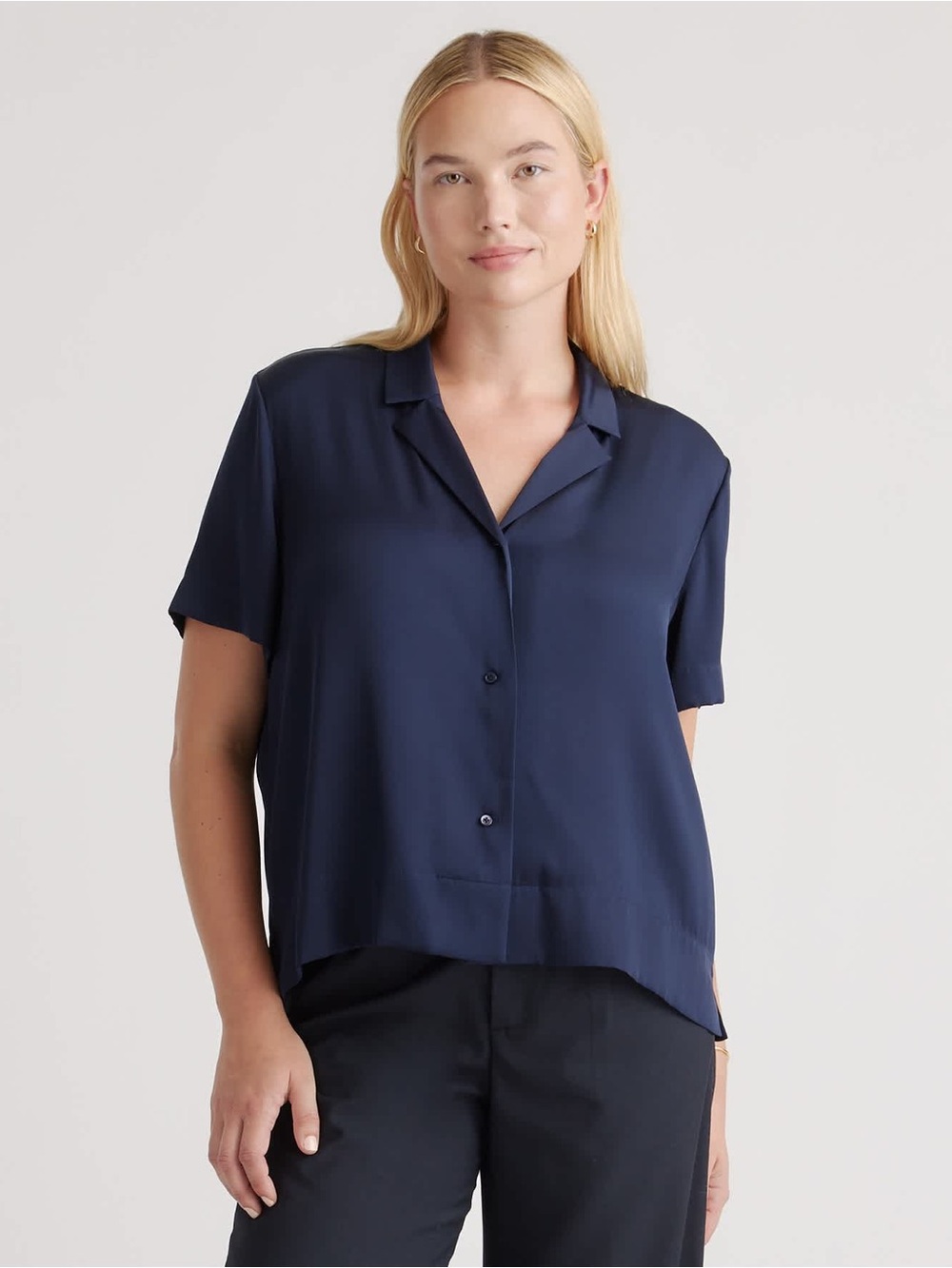 Quince Washable Stretch Silk Short Sleeve Notch Collar Blouse
